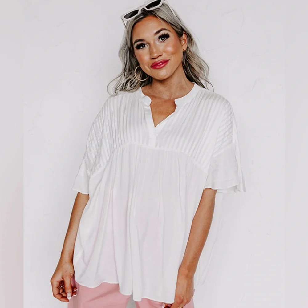Women’s White Blouse Top Loose Fit Flowy Short Sleeve Basic Everyday Casual - Picture 2 of 11